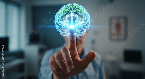 Human Finger Pointing at Glowing Brain Concept of Artificial Intelligence and Human Interaction