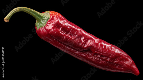 A single red chili pepper with a green stem is isolated against a stark black background plainness