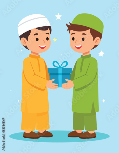 Two young boys exchanging a wrapped gift, smiling, with stars in the background.