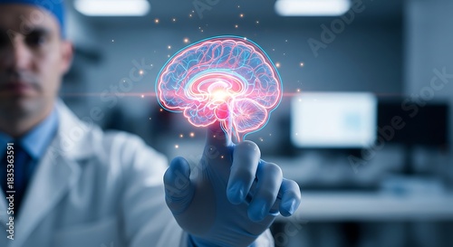 Advanced Neuroscience Research Doctor Interacting with a Digital Brain Scan Showing Neural Activity