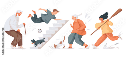 Cute people and pets falling and tripping flat vector illustration