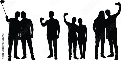 Multiple Selfie Silhouettes Set, People Taking Photos with Phone and Stick, Social Media, Modern Lifestyle, Friends, Black Vector Collection.