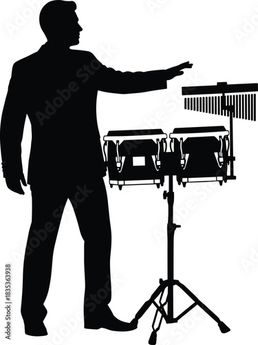 Musician Silhouette Vector Standing by Bongo Drums and Chimes, Man in Suit Ready to Play Percussion Instruments, Representing Jazz, Latin Music, Live Performance, and Rhythmic Entertainment Graphic.