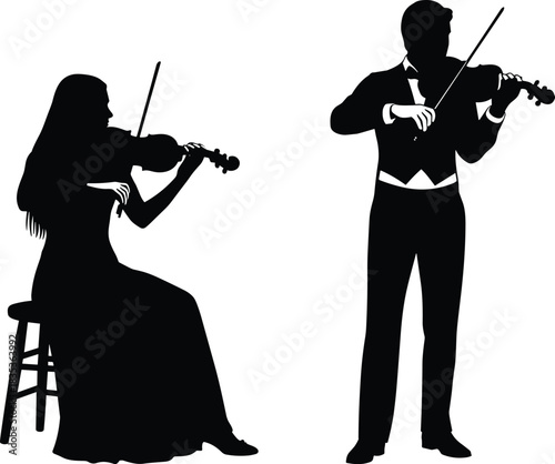 Musician silhouettes set, man standing woman sitting, playing violin duet, classical music performers, isolated vector collection, orchestra players.