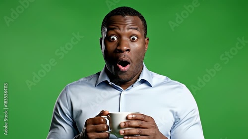 Surprised man drinking coffee on green screen video frame.