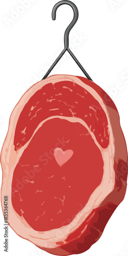 Raw Steak Hanging from a Metal Hook meat beef