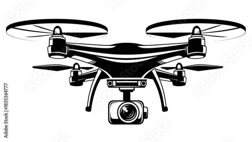 Camera Drone Icon Vector – Black and White Quadcopter with Camera Silhouette Design