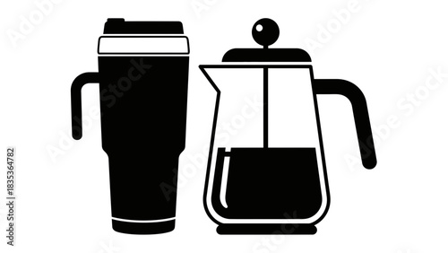 Coffee Brewing Icon Vector – French Press and Takeaway Cup Silhouette Design