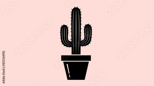 Cactus Plant in Pot Icon – Minimal Black Silhouette on Pink Background