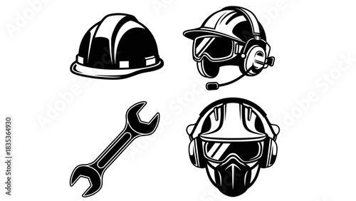 Construction Safety Gear Icons – Hard Hat, Helmet, Wrench & Protective Equipment Vector
