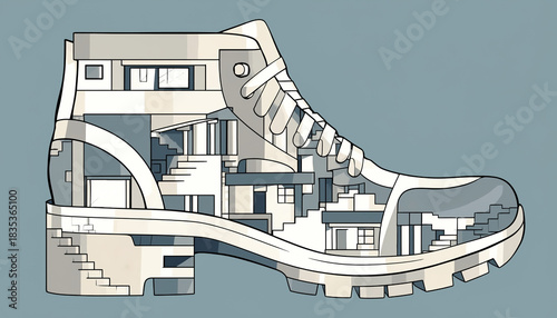 Architectural Fusion: A Shoe-Shaped Building Design Illustration.