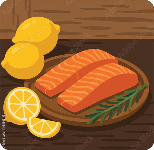 Salmon Fillets with Lemons and Rosemary on Wood fish