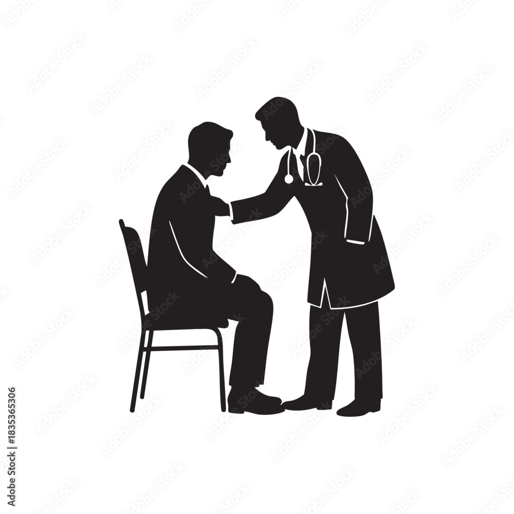 Obraz premium Doctor examining patient silhouette vector. Physician checking sick man with stethoscope. Medical consultation and physical examination icon isolated on white background. 