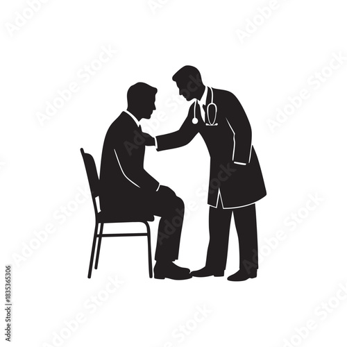 Doctor examining patient silhouette vector. Physician checking sick man with stethoscope. Medical consultation and physical examination icon isolated on white background. 