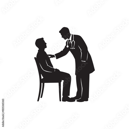 Doctor examining patient silhouette vector. Physician checking sick man with stethoscope. Medical consultation and physical examination icon isolated on white background. 