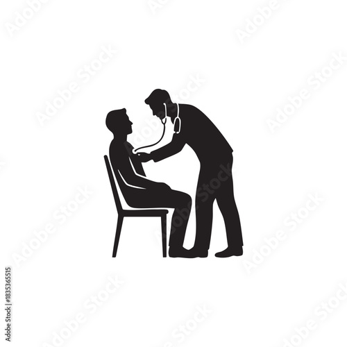 Doctor examining patient silhouette vector. Physician checking sick man with stethoscope. Medical consultation and physical examination icon isolated on white background. 