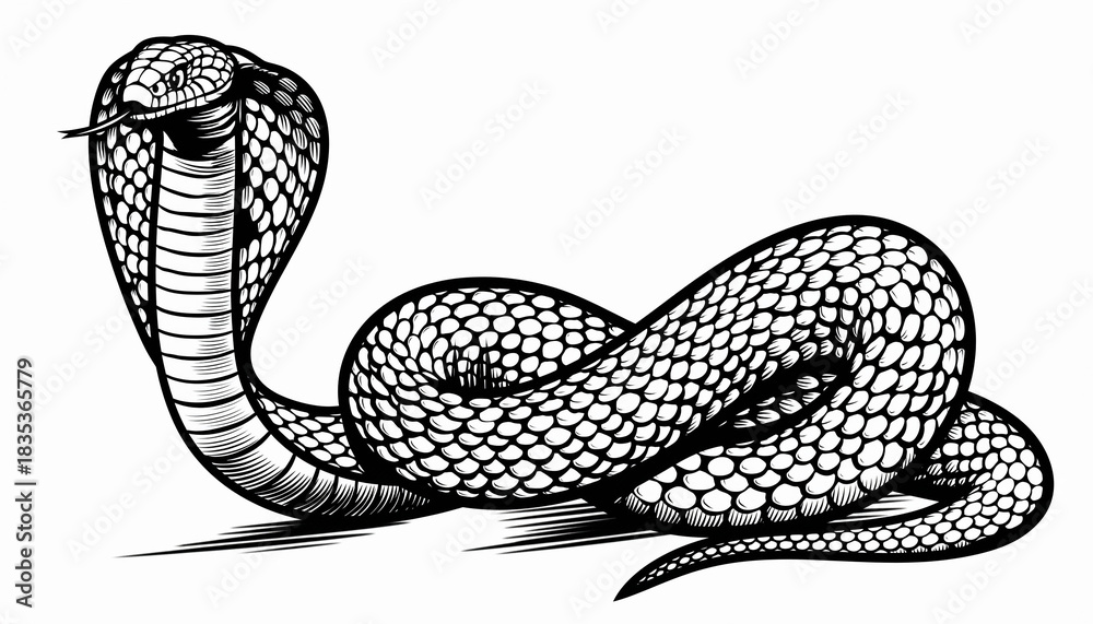 Fototapeta premium Detailed Black and White Illustration of a Cobra Snake.
