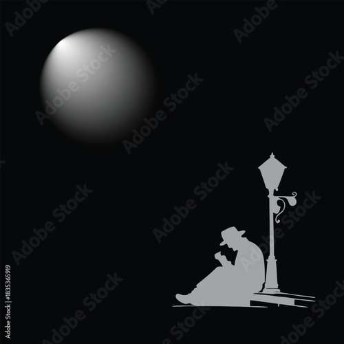 Solitary figure beneath streetlamp under moonlit night of silence