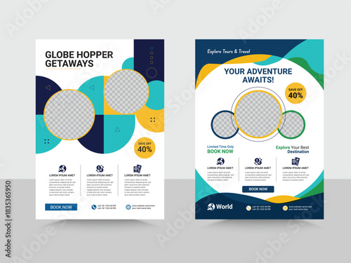 Travel Vacation Tour Agency Flyer Template, airplane and globe, camera, travel bag, travel journal, passport and tickets. 