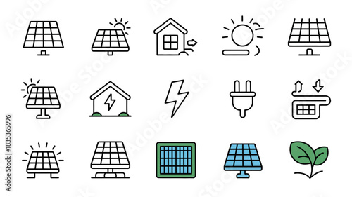 Collection of hand drawn line art icons representing solar energy and renewable power generation including solar panels houses with solar sun lightning bolt plug and growing plant