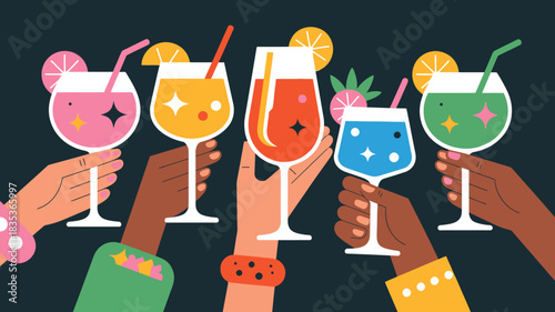Diverse hands holding colorful cocktails in a celebratory toast featuring various drinks with garnishes and straws against a dark background perfect for party or social gathering themes