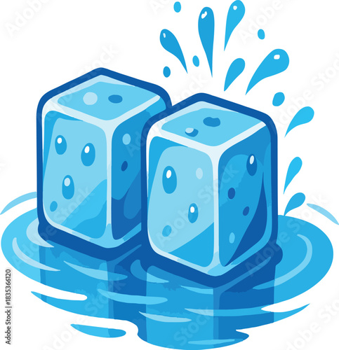 Two ice cubes splashing in water liquid refreshing