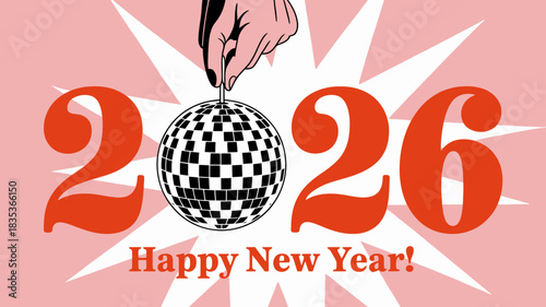 Celebrate the arrival of 2026 with a dazzling disco ball and a festive happy new year message set against a starburst background perfect for new year s eve invitations and celebratory designs