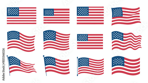 Collection of american flags in various poses and styles showing patriotism and national pride representing the united states of america