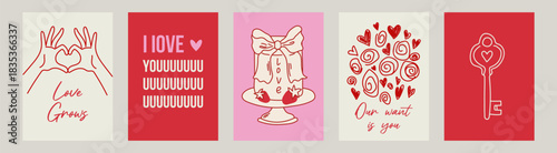 Romantic Valentine’s Day card set with cute hand drawn heart characters, key, cake, and love themed elements. Vector illustrations perfect for love notes, greeting cards, stickers, and holiday designs