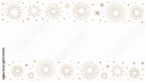 Whimsical hand drawn celestial sunburst and starburst patterns border a clean white background with a central copy space for text and design elements