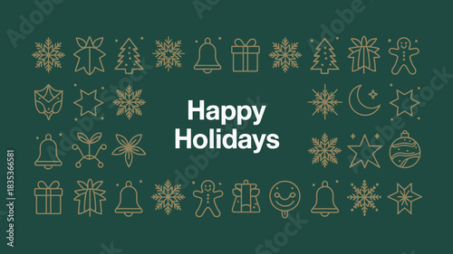 Wallpaper Mural Festive happy holidays greeting card with a border of elegant gold and silver line art christmas ornaments and snowflakes on a deep green background for winter celebrations Torontodigital.ca