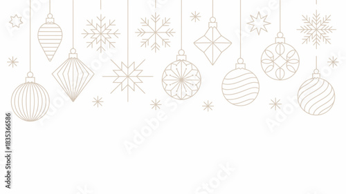 Elegant line art christmas ornaments and snowflakes in a festive arrangement with a clean white background perfect for holiday design and decorations