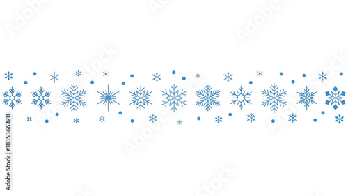 A horizontal banner design featuring a repeating pattern of delicate blue snowflakes and small dots on a white background evoking a winter theme and holiday spirit