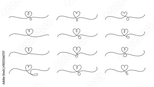 A collection of twelve hand drawn decorative floral and heart shaped ornamental dividers and borders in a clean elegant and whimsical style suitable for design projects