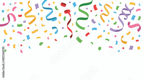 Vibrant cascade of colorful confetti and streamers falling from above against a clean white background perfect for celebrations and festive events