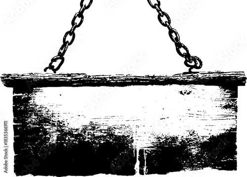 Black and white stencil art of broken metal sign hanging by chains for vintage design