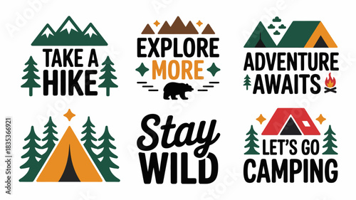 Collection of six outdoor adventure and camping themed graphic designs with inspirational quotes and illustrations of mountains trees tents and wildlife perfect for t shirts and posters