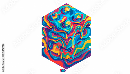 Colorful Abstract Cube with Dripping Paint Effect Illustration.