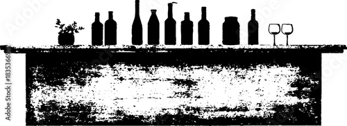 Black and white stencil art of cafe counter with bottles and glasses