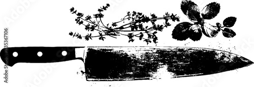 Black and white stencil illustration of chef's knife with herbs for culinary art design