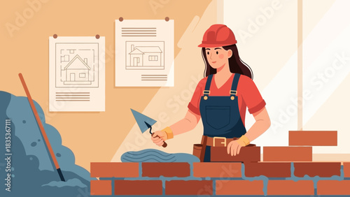 Professional female bricklayer in a hard hat building a brick wall on a construction site with blueprints in the background