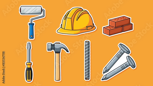 A colorful collection of cartoon-style construction and building tools. Vector sticker set including a hammer, hard hat, and nails for DIY projects