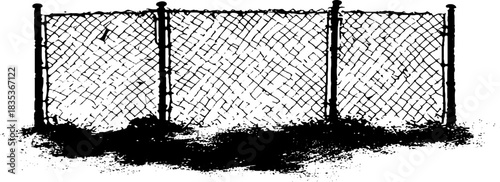Black and white stencil art of a chained up metal fence - urban design for posters or cards