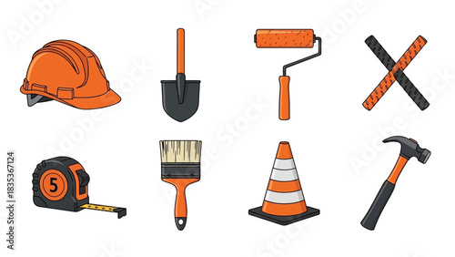 Colorful cartoon icons of industrial construction equipment and do-it-yourself hardware tools isolated on a white background