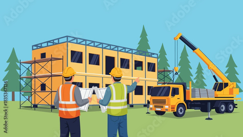 Architects collaborating on a construction site, reviewing blueprints for a new building project with a crane