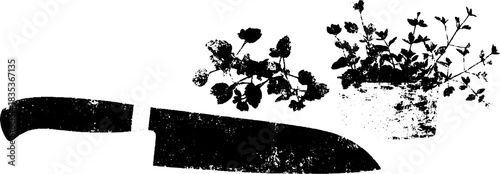 Black and white stencil art of chef's knife with potted herbs for kitchen decor