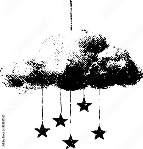 Black and white children's cloud with stars stencil illustration for wall art or decor