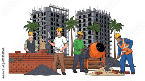 Diverse team of construction workers collaborating on a new residential building project, illustrating future urban development and real estate growth