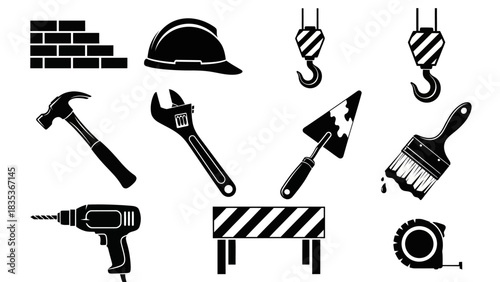 A versatile set of black and white vector icons representing construction, building, and repair tools for industrial projects 2026