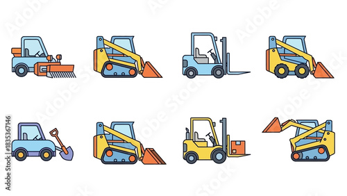 A set of industrial vehicle icons showing heavy machinery like loaders and forklifts in a clean, colorful flat line design style